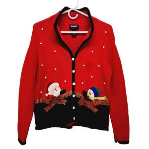 Vintage Studio Joy Christmas Cardigan Sweater With Santa & Snowman Red Size S
